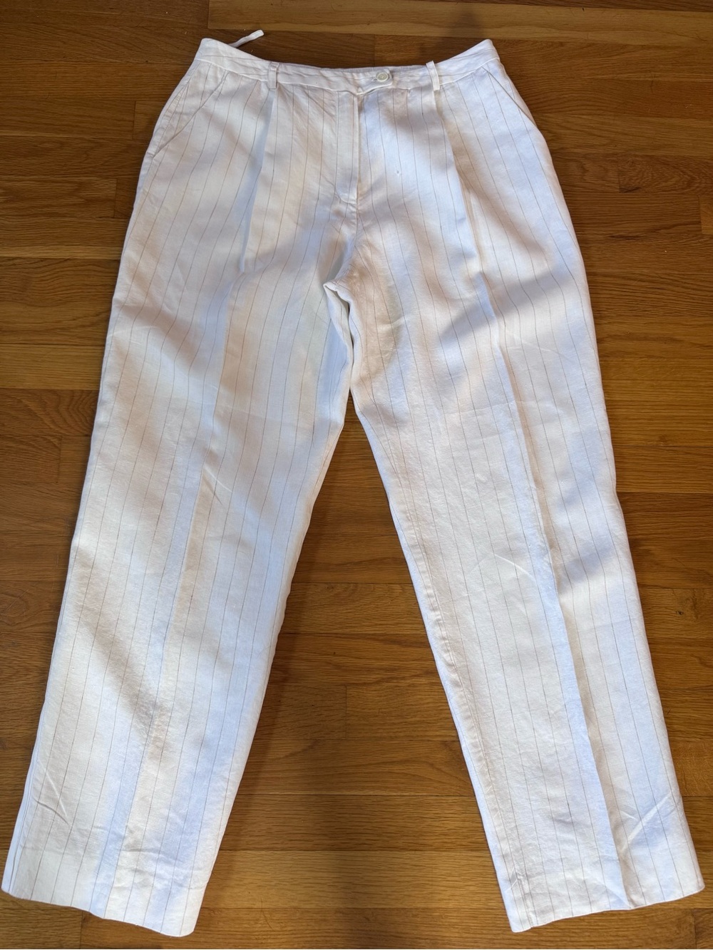 Evan Picone Linen White Pinstripe Wide-Leg Pants